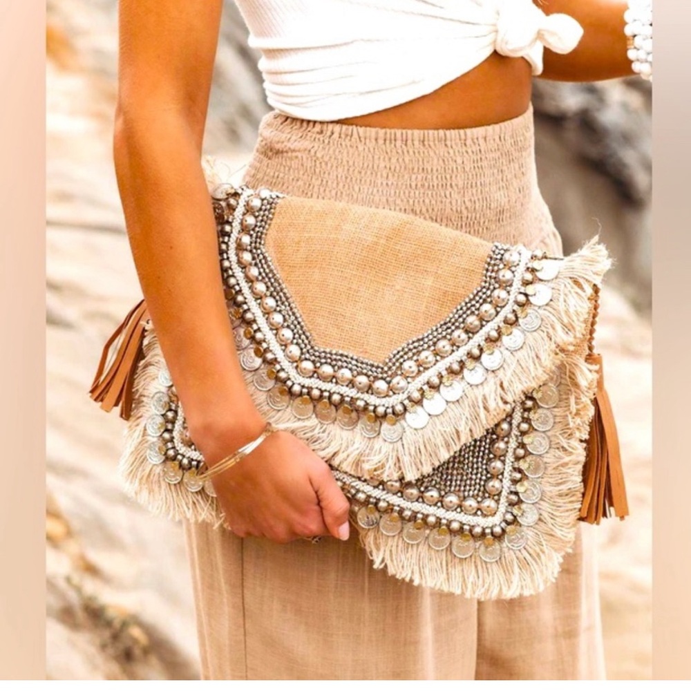 NWOT Vici Beige Fringe Clutch with Bead Accents